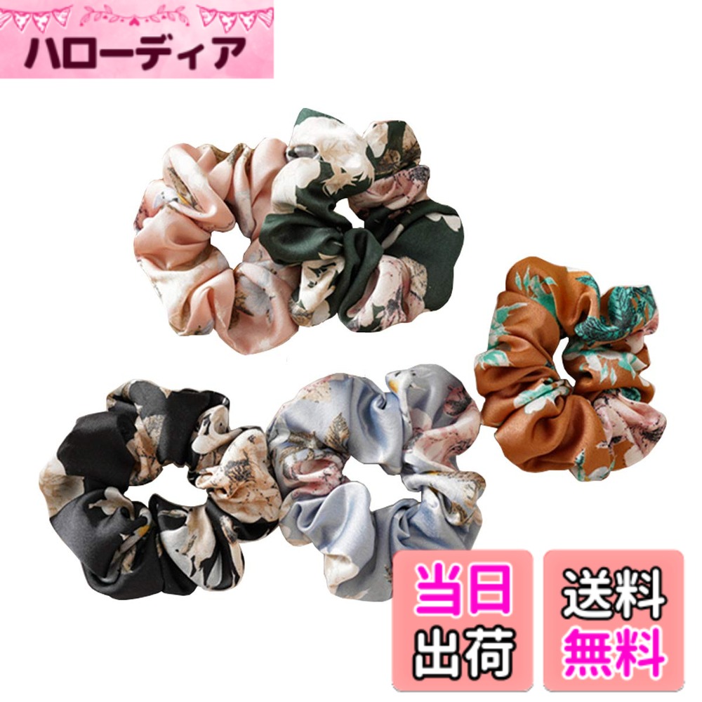 Hair Rubber Band - 【送料無料】[SEISEI] 和風シュシュシンプルレディースガールズ ヘアゴム黒 可愛いシュシュヘアアクセサリー 大きめ 髪留め シュシュセット 綺麗め 大人 上品 結婚式 3/4/5/6/7点セット 色：5点セット（フラワー柄）、サイズ：シングル