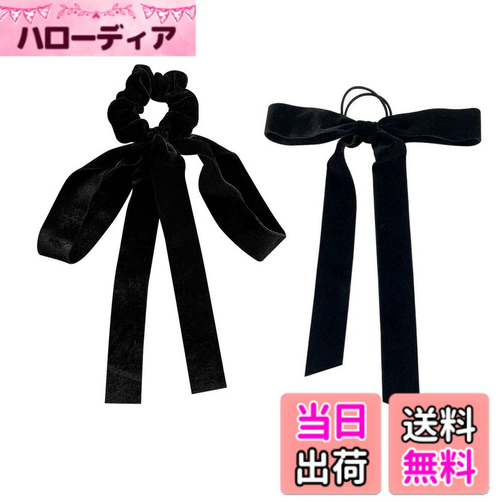 Hair Rubber Band - 【送料無料】shefun シュシュ ベロア リボン ヘアゴム 黒 2個セット おしゃれ ヘアアクセ ベルベット 髪ゴム 結ぶ ヘアリボン レディース 髪飾り JP216