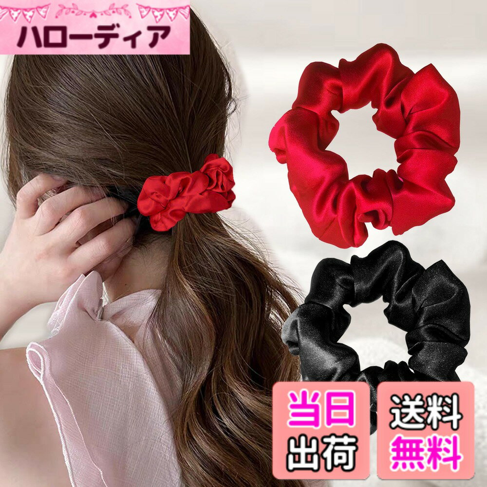 Hair Rubber Band - 【送料無料】シュシュ シルク ヘアゴム シュシュ シルクシュシュ 100% silk ヘアアクセサリー 大人 大きめ 髪留め まとめ髪 ポニーテール シンプル かわいい ファッション雑貨 レディース 睡眠 就寝前 シルク製 コンパクト 結婚式 色：セット02 ブラック & レッド
