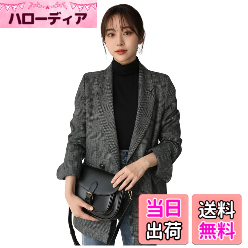 【送料無料】[UQQA] テーラードジャケット レディース グレンチェック 秋 冬 春 アウター チェック柄 薄手 コート フォーマル 色：グレー、サイズ：L