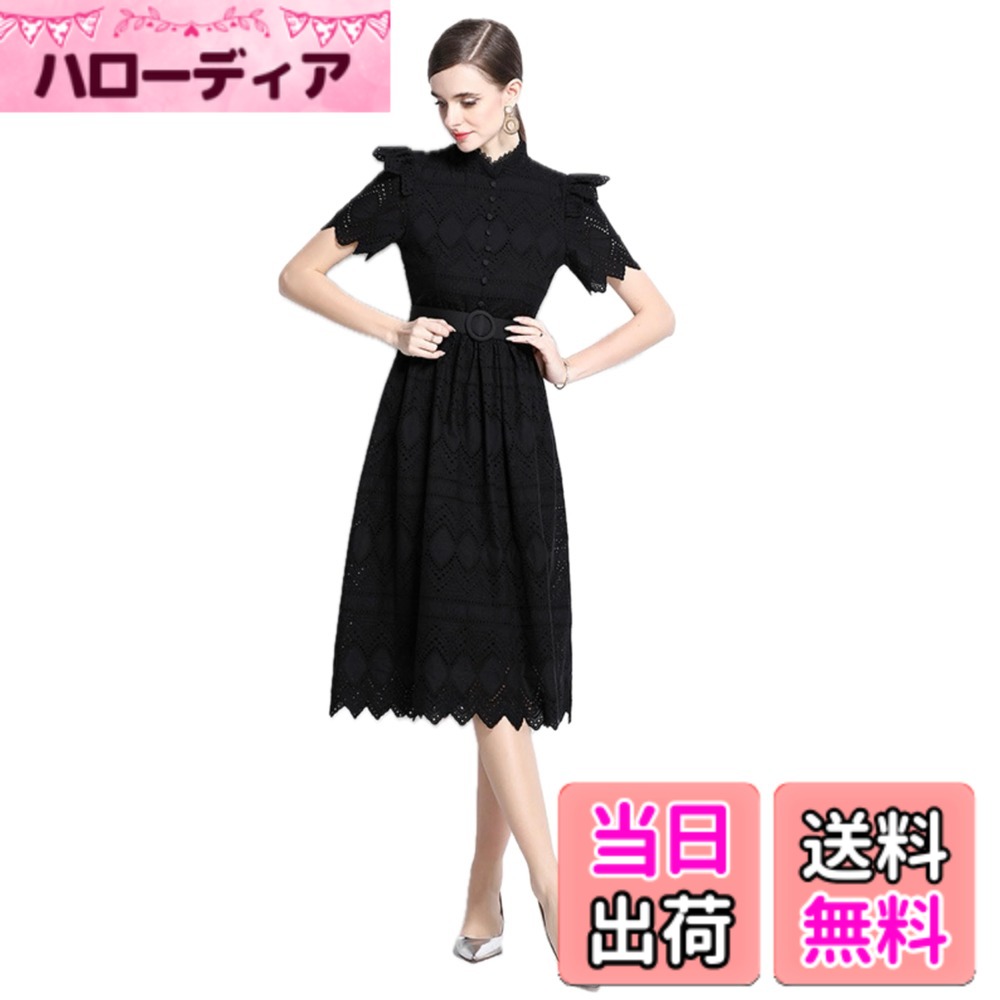 乐天商城 - 【送料無料】[EightSTAR Dress] パーティードレス 結婚式 ワンピース 半袖 Aライン 総レース お呼ばれドレス オケージョン ドレス ロング ミモレ Aライン 袖あり ゲスト 親族 色：ブラック、サイズ：M