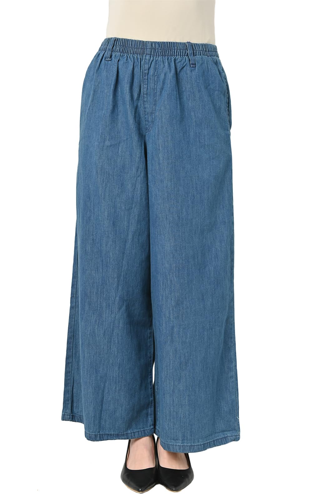 【送料無料】[JANJAM]大きいサイズ レディース ボトムス デニムワイドパンツ ロング丈 ウエストゴム ポケット 色：ブルー、サイズ：4L