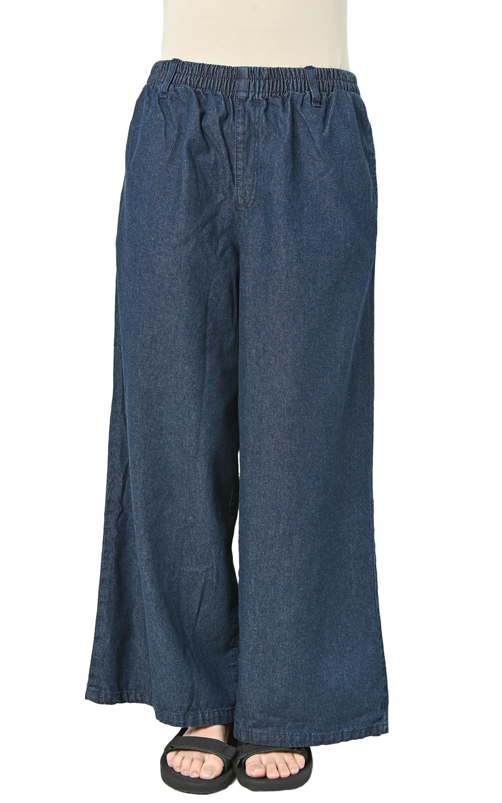 【送料無料】[JANJAM]大きいサイズ レディース ボトムス デニムワイドパンツ ロング丈 ウエストゴム ポ..