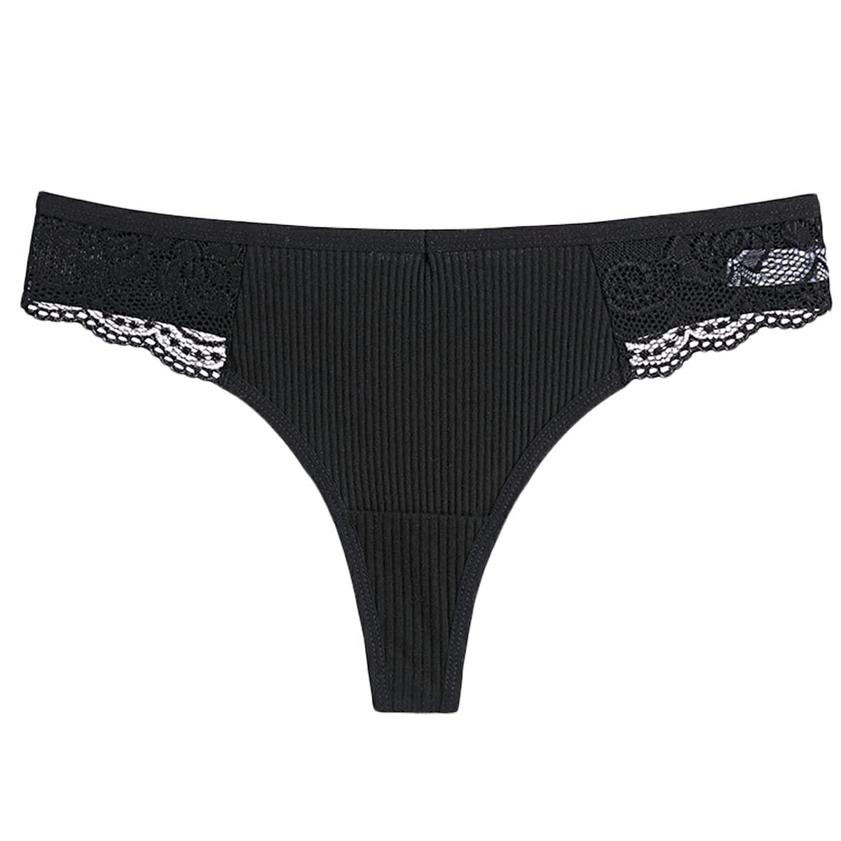 【送料無料】[Karly Shop] Tバック レディース 綿95% 柔らか コットン リブ編み ストレッチ シンプル フィット セクシー かわいい レース 9283 色：ブラック、サイズ：XL