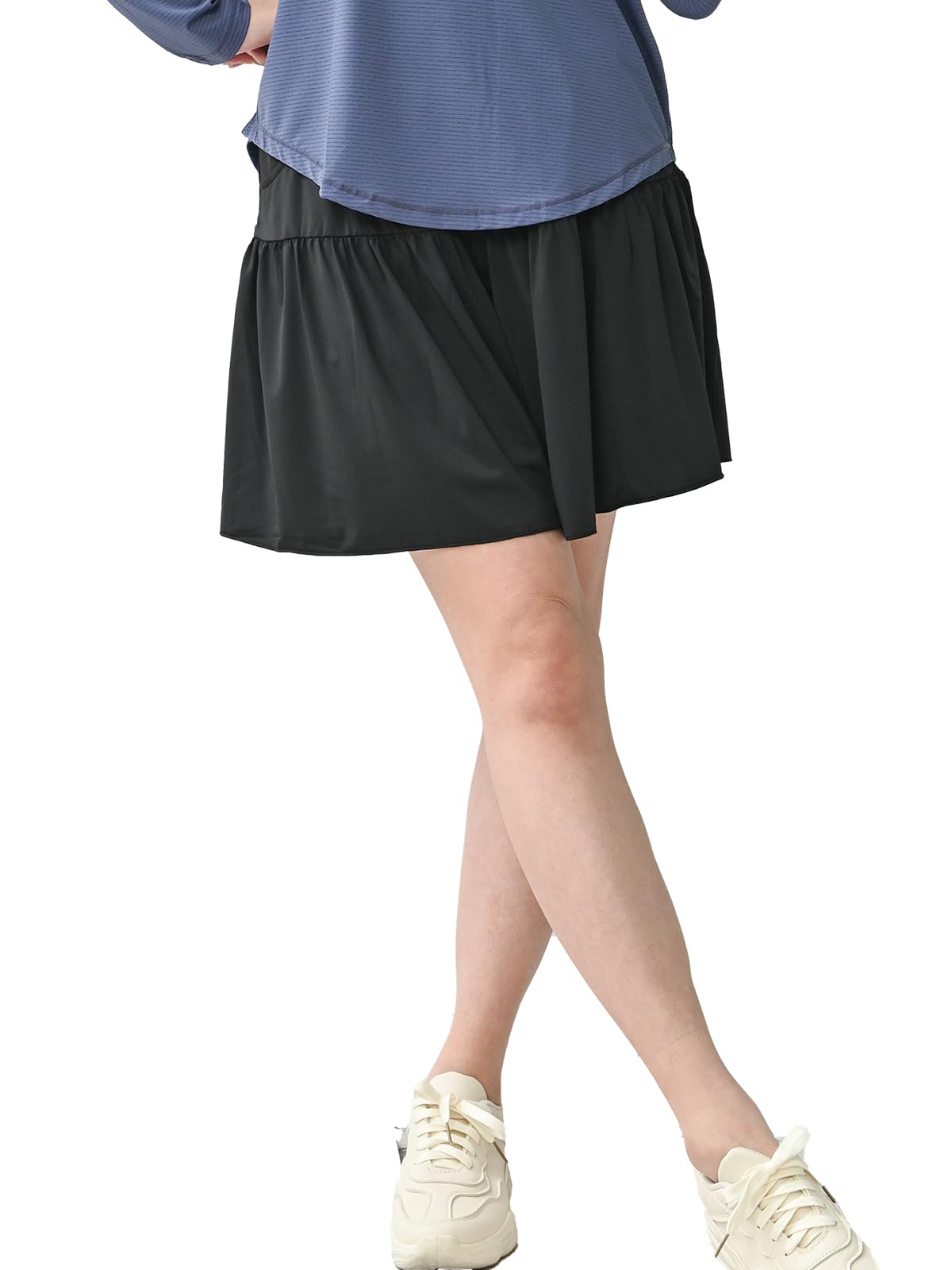 【送料無料】[JANJAM] 大きいサイズ レディース スパッツ付きキュロットパンツ ショート丈 フレアパンツ ウエストゴム ボトムス スポーツウェア 色：ブラック、サイズ：LL