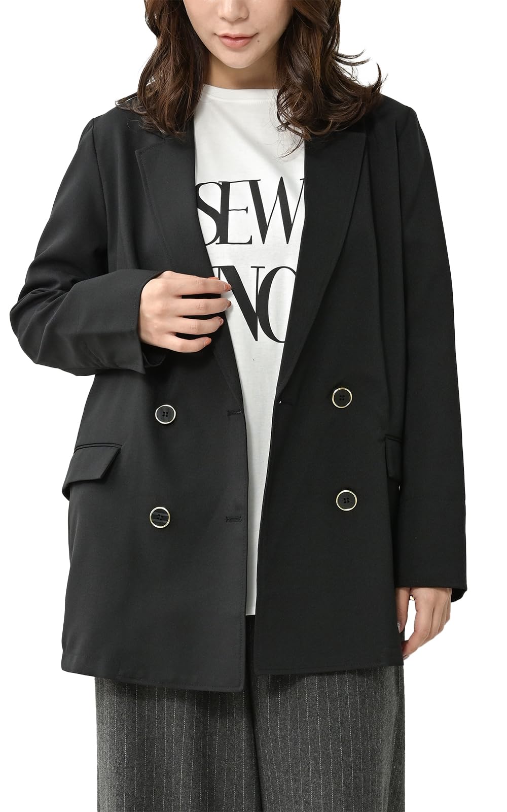 【送料無料】[JANJAM] レディース テーラードジャケット 長袖 ダブルボタン ポケット ブレザー アウター 色：ブラック、サイズ：5L