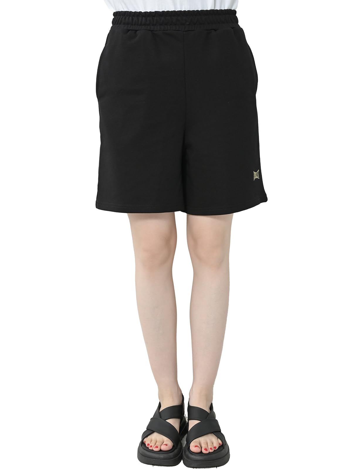 【送料無料】[JANJAM] 大きいサイズ レディース ハーフパンツ 刺繍ロゴ 裏毛 ウエストゴム ルームパンツ ボトムス 色：ブラック、サイズ：4L