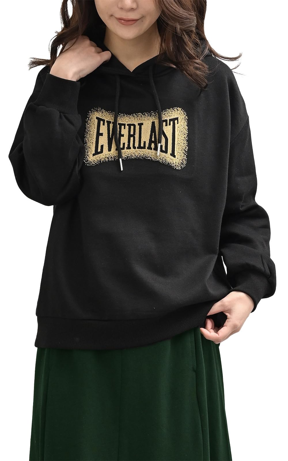 【送料無料】[JANJAM] 大きいサイズ レディース パーカープルオーバー 立体刺繍ロゴ 長袖 フーディー 裏起毛 トップス 色：ブラック、サイズ：3L