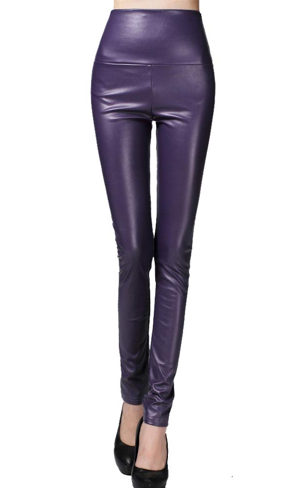 【送料無料】[syvent] レディース レザーパンツ 光沢 裏起毛 秋 冬 スキニー 合皮 スリム ハイウエスト セクシー レギンス 18色 S-2L 色：09-パープル、サイズ：L