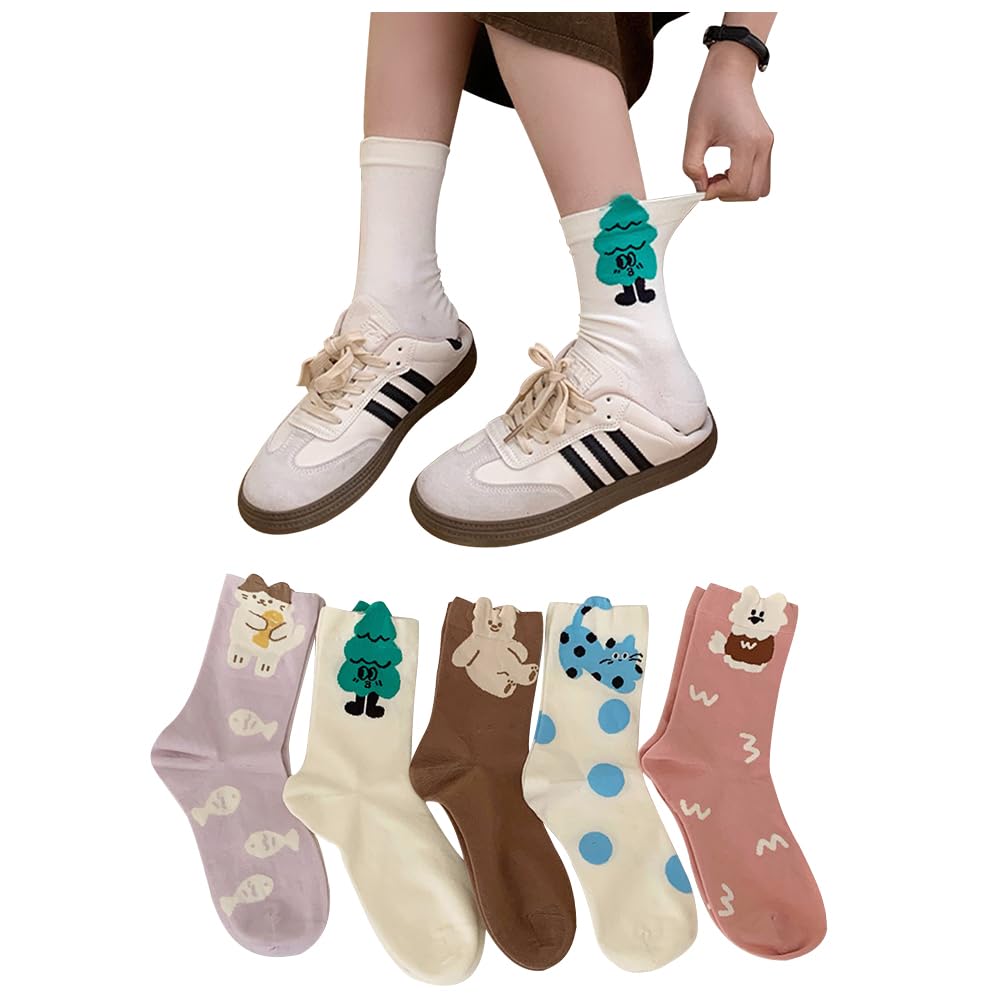 【送料無料】[FASELE] 靴下 レディース おしゃれ ソックス 女子用 婦人用ソックス クルーソックス 可愛い 猫 動物 花柄 コットン 綿 通気性 柔らかい 春夏 秋冬 オールシーズン ミッドチューブソックス ギフト 贈り物 プレゼン 色：5足セット・3＃、サイズ：20.0-25.0 cm