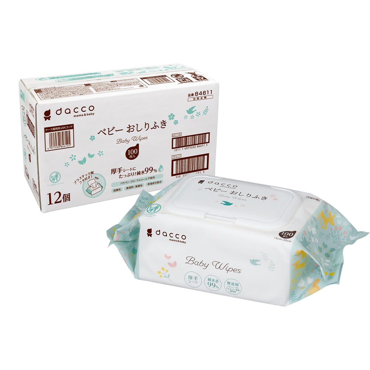 商品情報商品の説明商品紹介 フタ付きでかんたん開閉! 厚手でしっかり拭き取れるおしりふきです (1)フタ付きで、片手でもかんたん開閉! ●フタ付きのため、オムツ替えなどの際に片手がふさがっていても簡単にシートを取り出すことができます。 ●簡単に開閉ができるため、ほこり等が入りにくく最後まで衛生的に使用できます。 (2)厚手シートにたっぷり! 純水99% ●厚手で大きいシートのため、しっかり拭き取れて経済的です。 ●シートに純水99%をたっぷり含んでいるため、便のふき取りにも最適です。 (3)肌にやさしい、弱酸性・ノンアルコール・無香料・無着色 ●肌にやさしい弱酸性で、パラベン・PG・アルコール(エタノール)・香料・着色料を使用していないため、デリケートなあかちゃんの肌にも最適です。 ●皮フ刺激性テスト済み（全ての方に皮フ刺激が起こらないというわけではありません）。 (4)お部屋の雰囲気に馴染むパッケージ ●おしりふきはお部屋に置いて使用することが多いため、お部屋の雰囲気に馴染むシンプルで可愛らしいパッケージにしています。 ●外装箱は、個包装と同じ可愛い動物たちのデザインを施しています。 (5)厳しい品質管理で製造 ●本品は化粧品製造に関する国際規格ISO22716を取得した韓国の工場で製造しています。 ※転売行為、または転売を目的とした購入を禁止いたします。 原材料・成分 水、安息香酸Na、塩化セチルピリジニウム、クエン酸、BG 安全警告 使用上の注意●肌に異常が生じていないかよく注意して使用してください。●使用中、または使用後日光にあたって、赤み、はれ、かゆみ、刺激、色抜け（白斑など）や黒ずみなどの症状が現れた時は使用を中止して下さい。そのまま使用を続けると、症状を悪化させることがあるため、皮膚科専門医に相談してください。●傷やはれもの、湿疹など、異常のある部位には使用しないでください。●手洗いなどをして清潔な手で使用してください。●本品は使い捨てです。くり返し使用しないでください。●開封後は早めに使用してください。●電子レンジでは、温めないでください。保管上の注意●乾燥を防ぐため、使用後はフタをしっかり閉めてください。●高温や多湿、直射日光の当たる場所を避け、乳幼児の手の届かない所に衛生的に保管してください。廃棄上の注意●水に溶けないため、トイレには長さず適切な廃棄方法で処理してください。主な仕様 フタ付きでかんたん開閉！厚手シートでしっかり拭き取れるお部屋に馴染むパッケージたっぷり純水99％