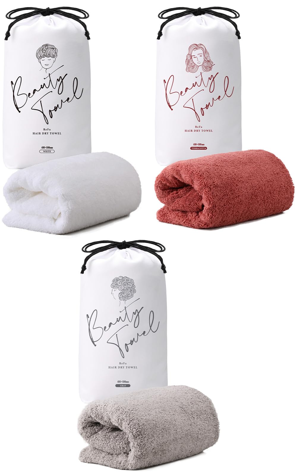 【送料無料】リファ ヘアドライタオル/ReFa HAIR DRY TOWEL(400mm×800mm) MTG エムティージー 速乾 エジプトコットン ギフト 色：3点セット、サイズ：400mm×800mm
