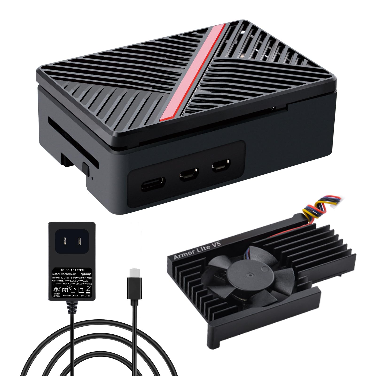【送料無料】GeeekPi Raspberry Pi 5 ABS ケース USB-C 電源 27W 付き、Raspberry Pi 5 ケース Armour Lite V5 アクティブクーラー付き Raspberry Pi 5 1GB/2GB/4GB/8GB