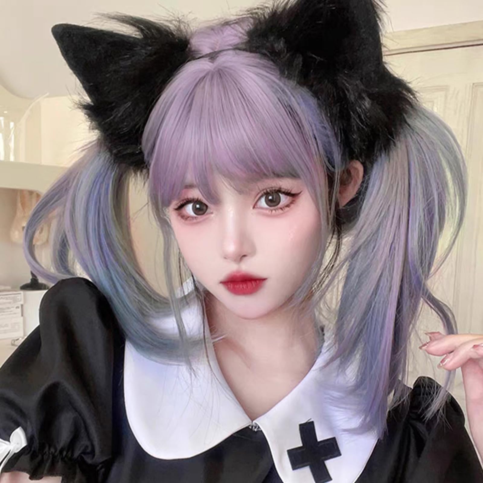 【送料無料】HAIRCUBE ウィッグ セミロング ストレート レイヤードカット ミディアム フルウィッグ かつら レディーズ wig ぱっつん前髪 自然 小顔 耐熱 原宿系 ロリータ 日常 ネット/櫛付（グラデーションパープル）