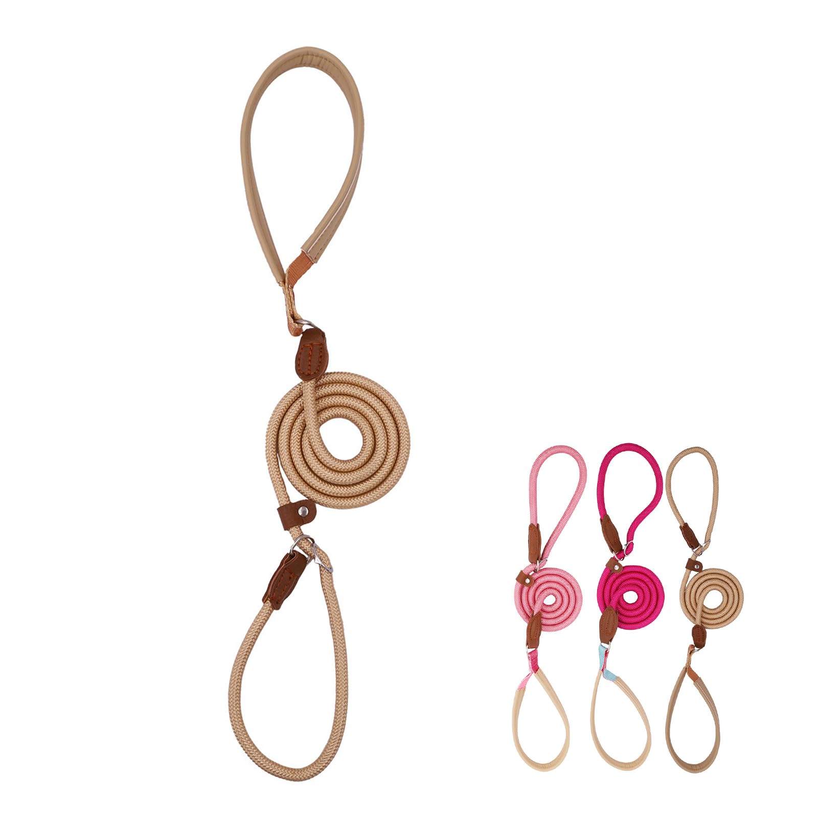 【送料無料】雲見 スリップリード 長さ150cm 小型犬用 中型犬 大型犬用 しつけ カジュアル レザーハンドル ナイロンロープ 多機能 簡単装着 持ちやすい 引っ張り防止 軽量 丈夫 訓練 (カーキ)