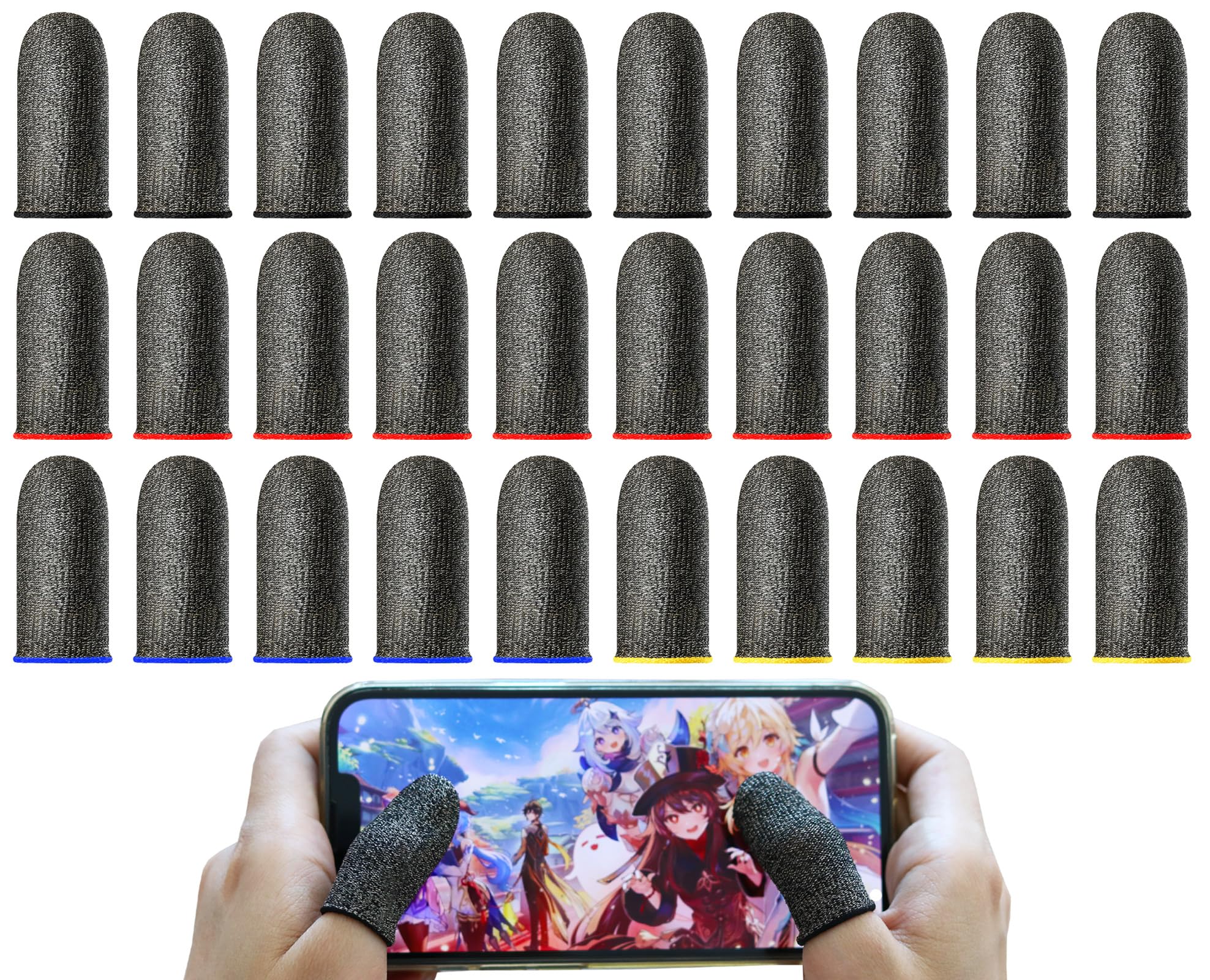 【送料無料】【ニューモデル・全指対応・多色版銀繊維】 30個入り 指サックゲーム用 ANACEND スマホ指..