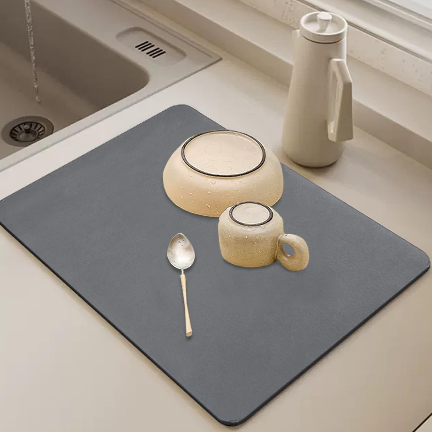 【送料無料】TAOTOO 水切りマット 珪藻土 キッチン 食器 水切り 40x30cm 食器乾燥マット 丸めて 収納 滑り止 皿置き 耐油 速乾 吸水マット 棚シート ダークグレー