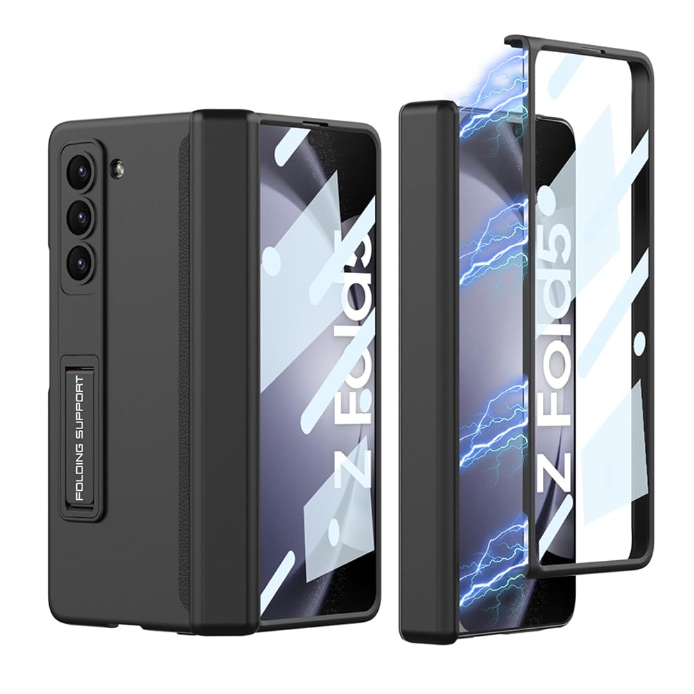 【送料無料】Uovon Galaxy Z Fold5 ケース ガラスフィルム付き Samsung SC-55D / SCG22 用 カバー Uovon スマホケース 薄型 ヒンジ保護 軽量 スタンド付き 全面保護 カメラレンズ保護 おしゃれ 人気 ストラップ穴付き ・ ブラック