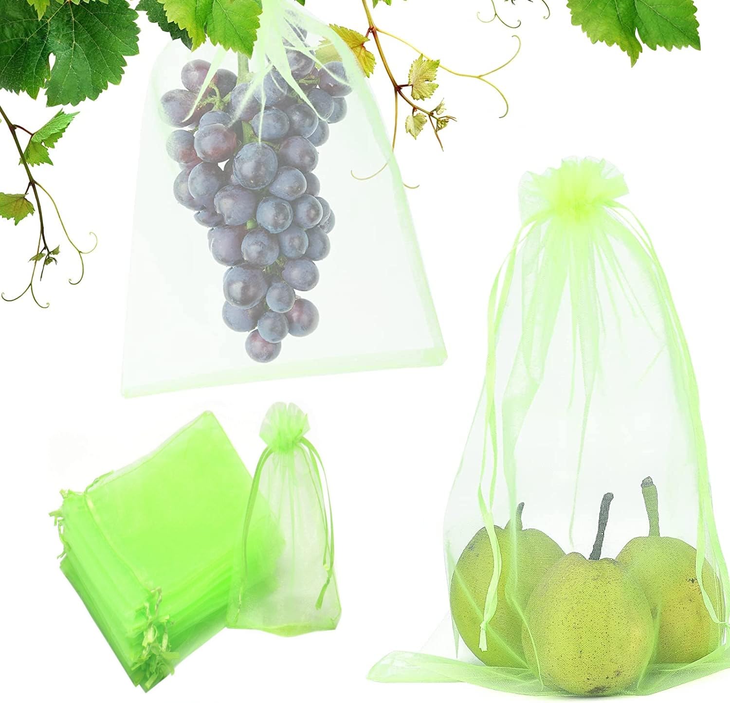 【送料無料】MUYYIKA 果物袋 保護ネット 防虫 ネット 保護バッグ 果実袋 オーガンジー生地 通気性 メッシュ 鳥よけネット 鳩よけネット 通気性 光通過 耐久性 自然成長 鳥よけ 虫よけ カラス対策 害虫鳥避け 園芸工具 ロープ付き 栽培用 農業用 巾着袋 50枚セット (グリ