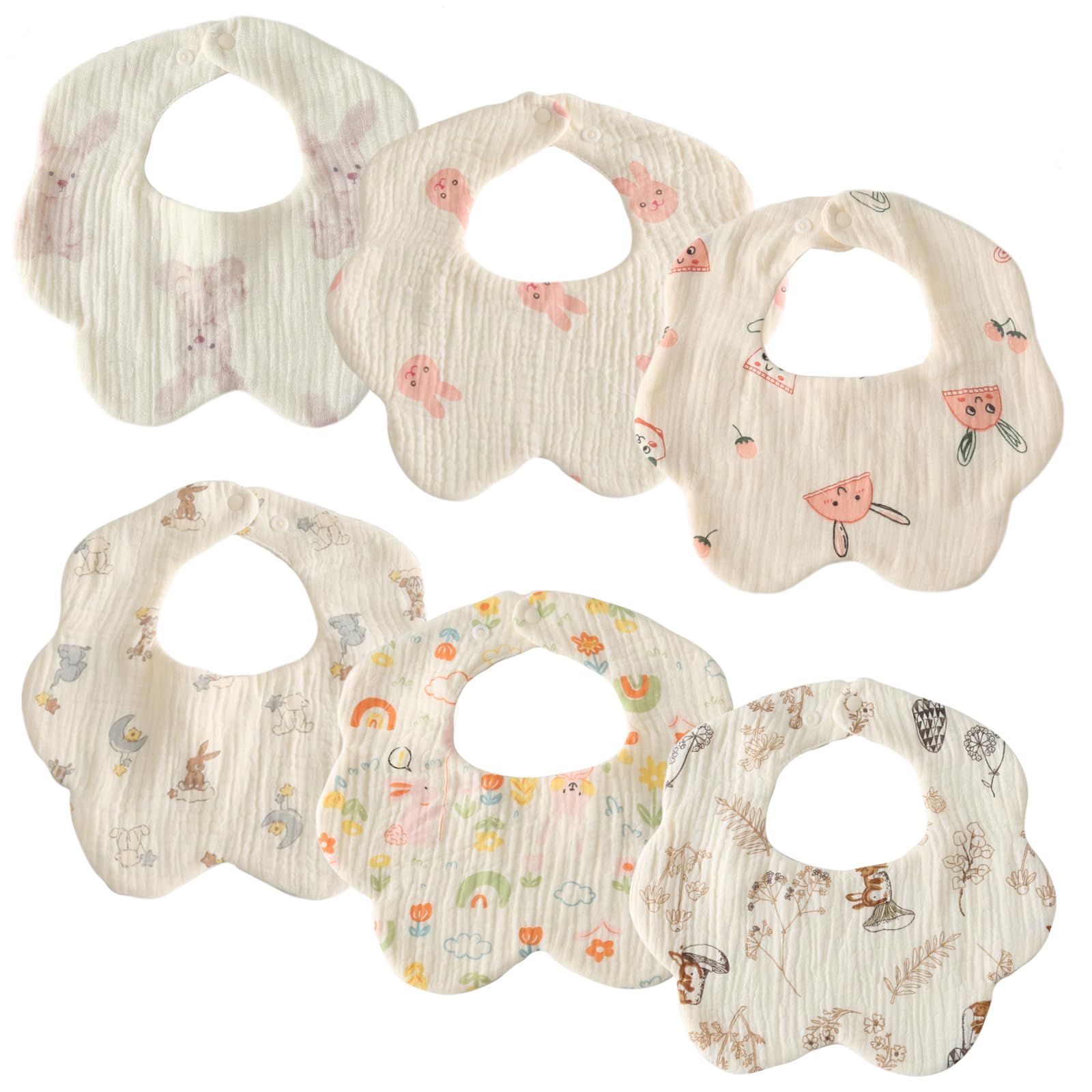 楽天ハローディア楽天市場店【送料無料】[GoUseGo] ベビー スタイ 女の子 6枚セット 6重ガーゼ地 ウサギ柄 よだれかけ 赤ちゃん 花びらスタイ 1歳 2歳 3歳 綿 コットン 幼児 新生児 ベビーギフト 出産祝い