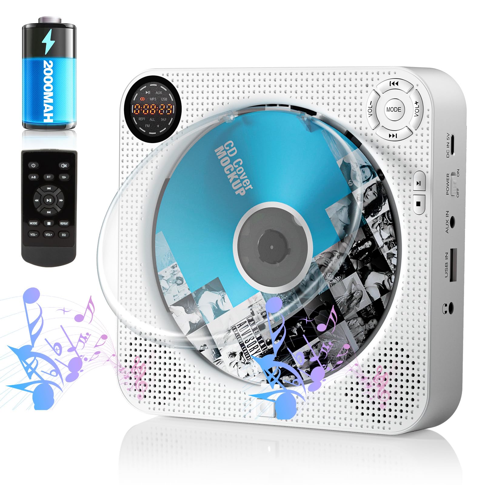 【送料無料】ポータブルCDプレーヤー壁掛け&卓上置き式 Bluetooth/CD/FM/USB/AUX五モード対応FELEMAN FMラジオ +10スキップ機能 5EQエフェクトA-Bリピート2000mAh充電式電池 LCDディスプレイ防塵カバー付きリモコン付き音楽再生/語学学習/胎児教育 白