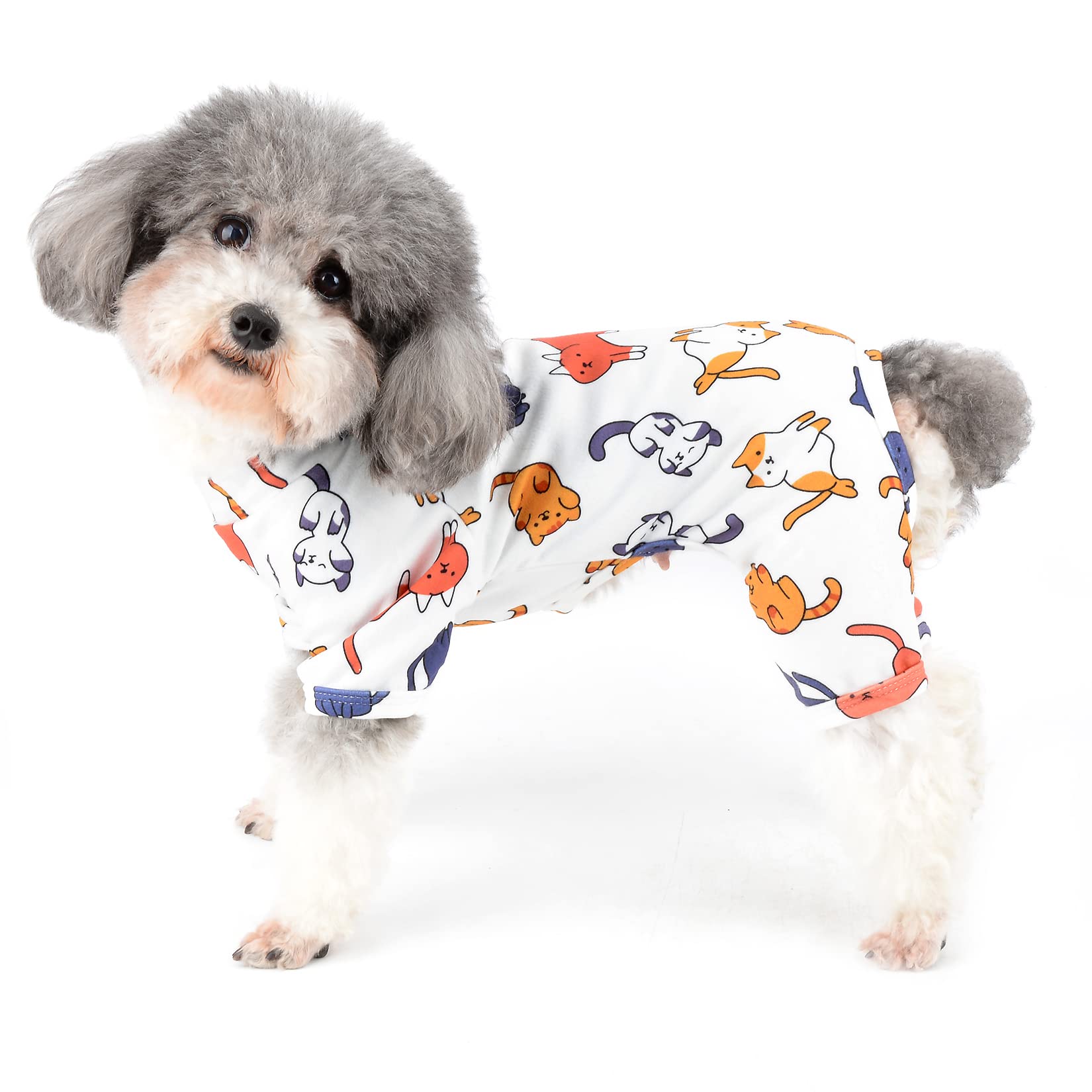 【送料無料】ZUNEA 犬服 つなぎ ロンパース 小型犬 パジャマ 春 夏 おしゃれ かわいい 部屋着 寝間着 柔らかい 綿製 ペット ドッグウエア 洋服 可愛い 犬猫と動物柄 Tシャツ 子犬 猫 チワワ 用服 お散歩 ホワイト L