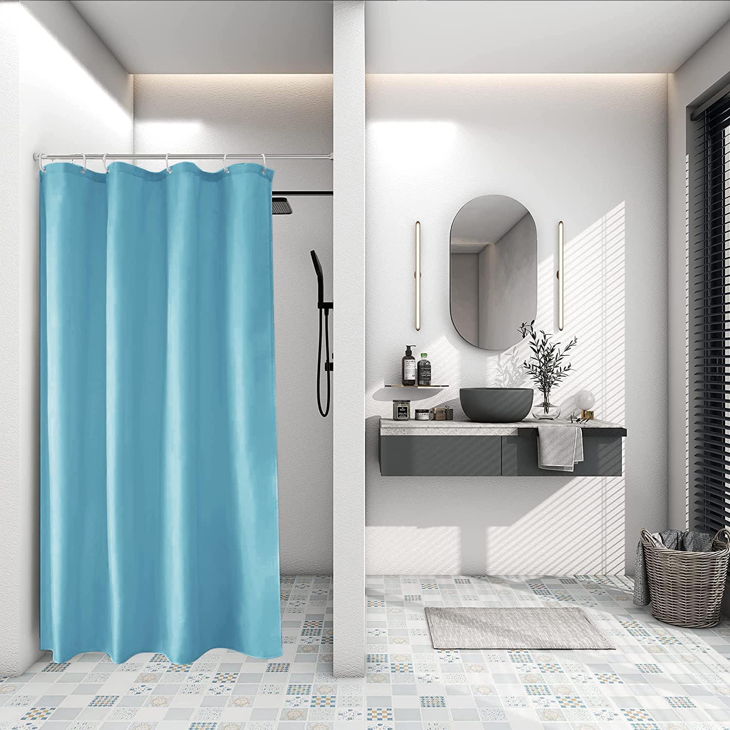 【送料無料】AooHome シャワーカーテン 90x180cm 目隠し 遮像 防カビ 防水 お風呂用カーテン 軽量 速乾 リング付き 無地 ライトブルー