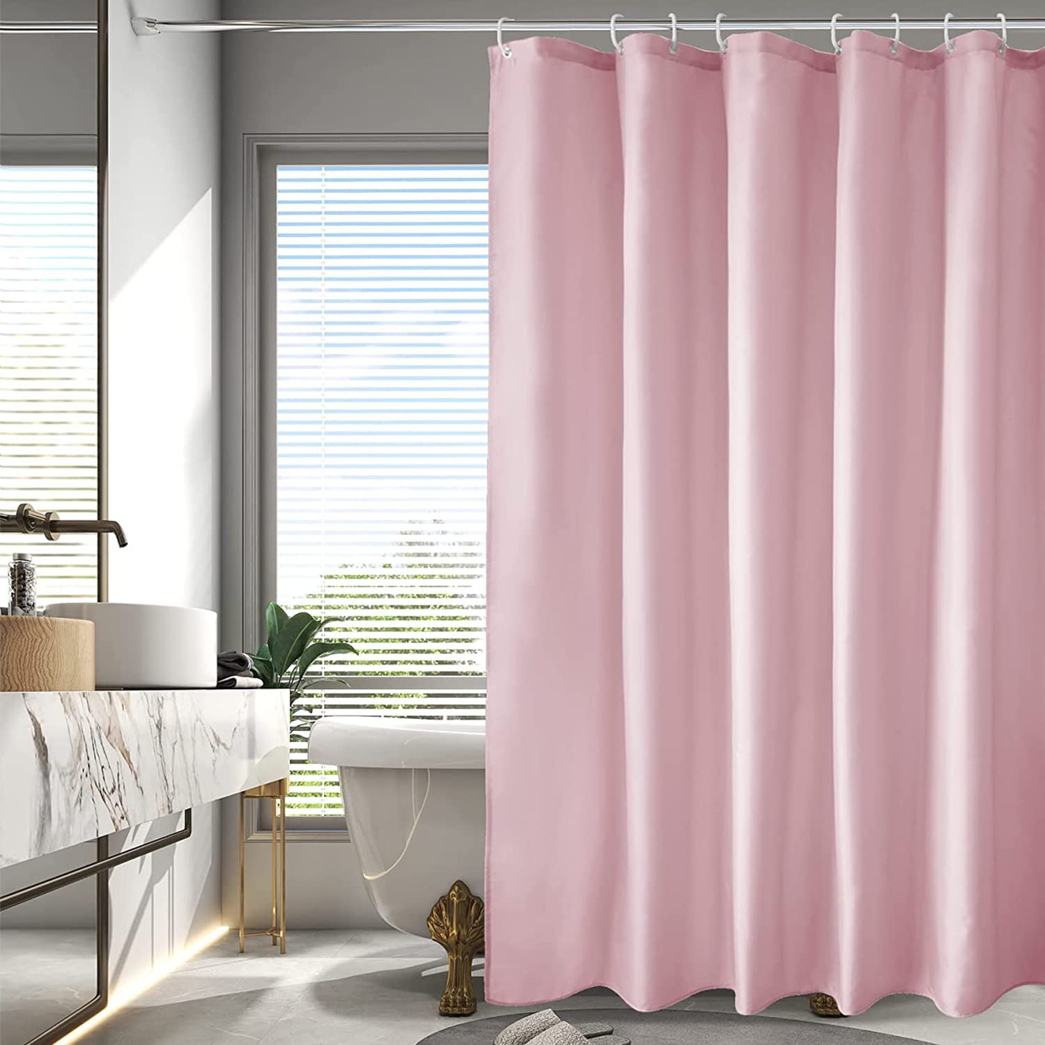 【送料無料】AooHome シャワーカーテン 150cm丈 防カビ 防水 ユニットバス お風呂カーテン 軽量 速乾 ホテル 高級 無地 バス用品 リング付き ピンク 120x150cm