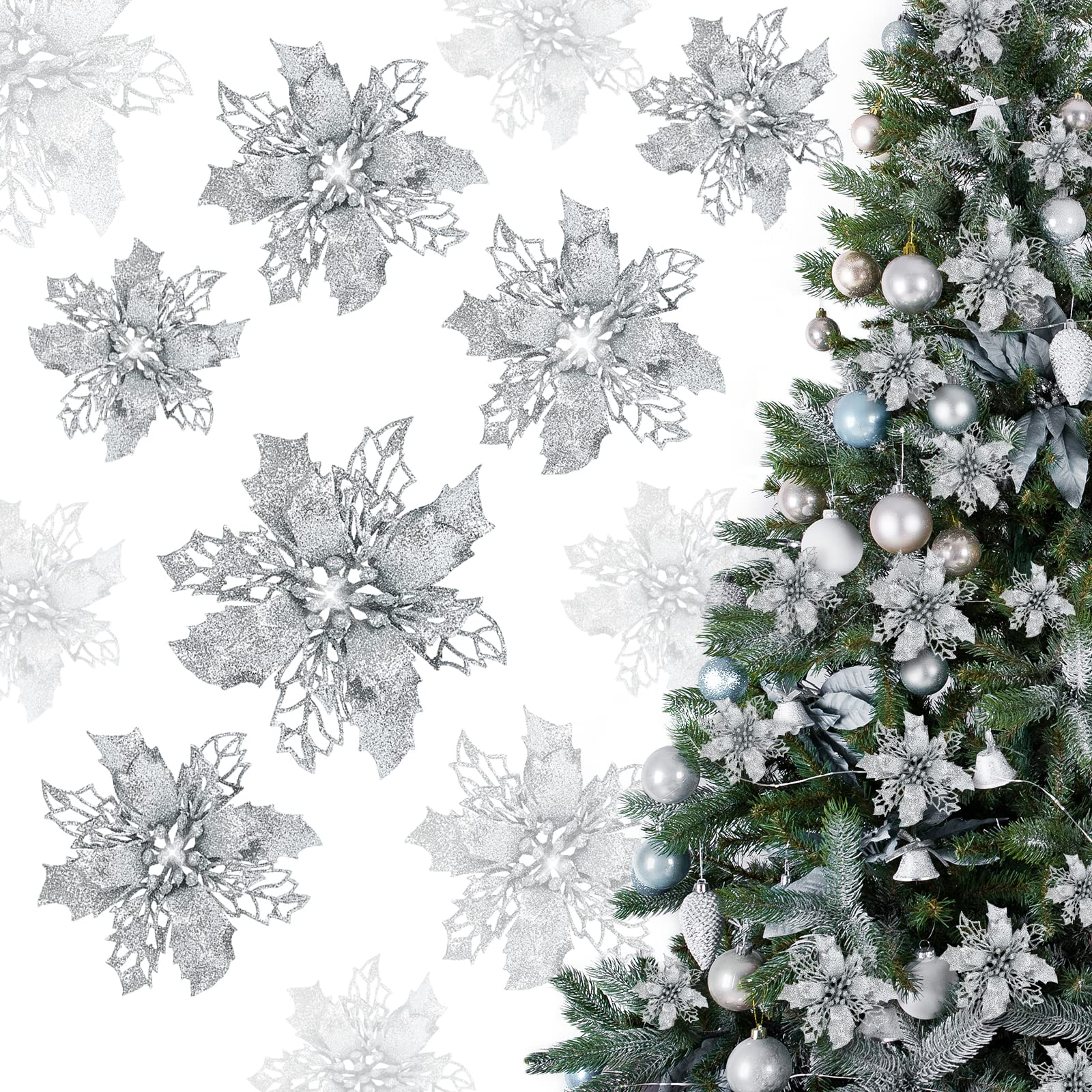 【送料無料】GWHOLEクリスマス 飾り オーナメント ポインセチア 銀 造花21枚セット クリスマスツリー飾..