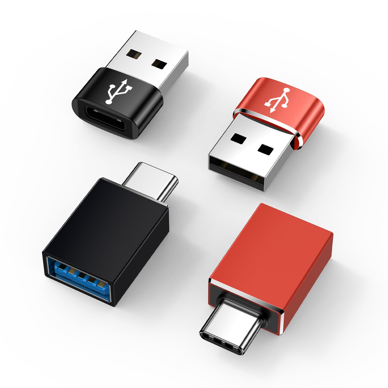 【送料無料】USB Type-C 変換アダプタ 【USB タイプC （メス） To USB 2.0（オス）/QC3.0 急速充電・高速データ転送同期】【 Type-C (オス) to USB 3.1 (メス) / OTG対応・10Gbps転送 】 (4個セット・ブラック＋レッド）