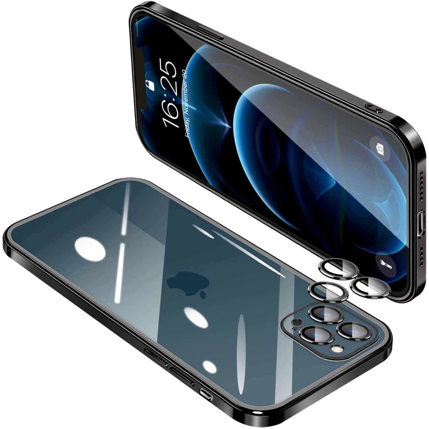 【送料無料】IPhone12 Pro Max ケース クリア アイフォン12ProMax レンズ保護 カバー 耐衝撃 透明 スマホケース 全面保護 軽量 メッキ加工 TPU 薄型 ストラップホール付き 滑り止め 落下防止 6.7インチ（ブラック）