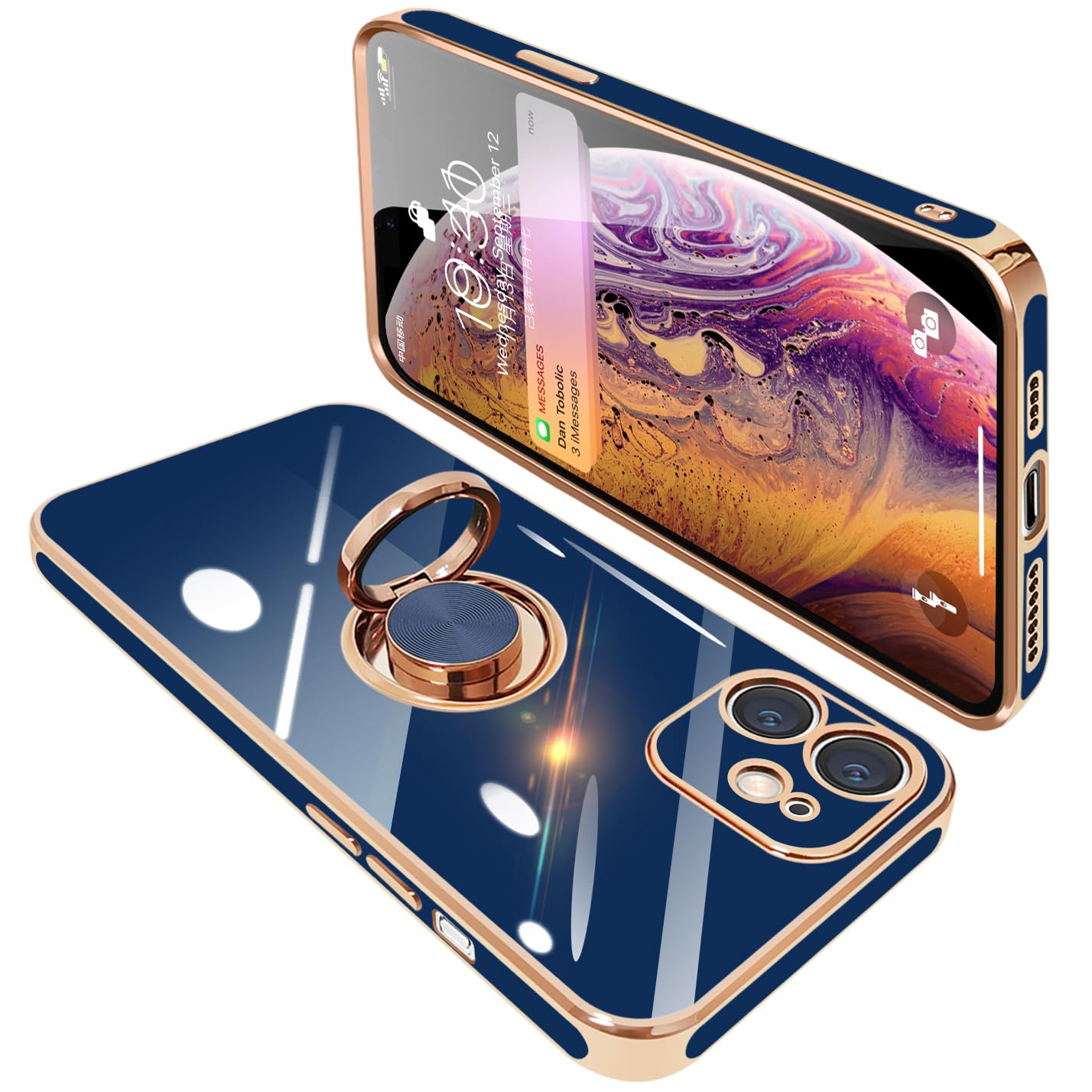 【送料無料】iPhone12 Mini ケース リング付き アイフォン12Mini リング カバー 耐衝撃 TPU メッキ加工 360°回転 スタンド機能 車載ホ..