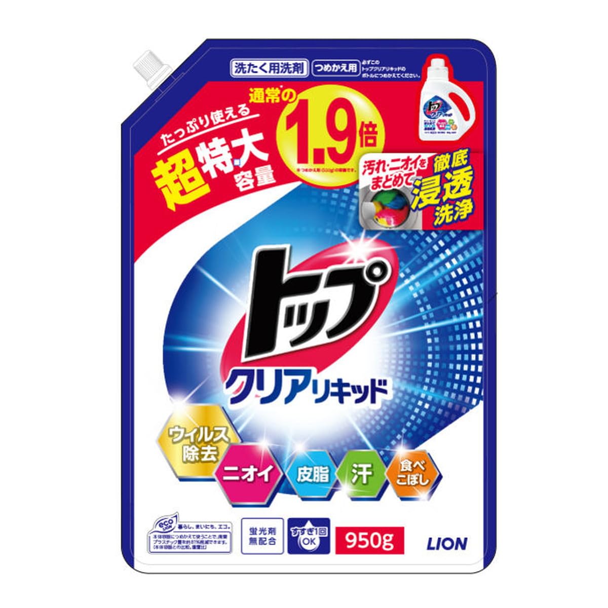 【送料無料】ライオン トップクリアリキッド 詰替超特大 950g