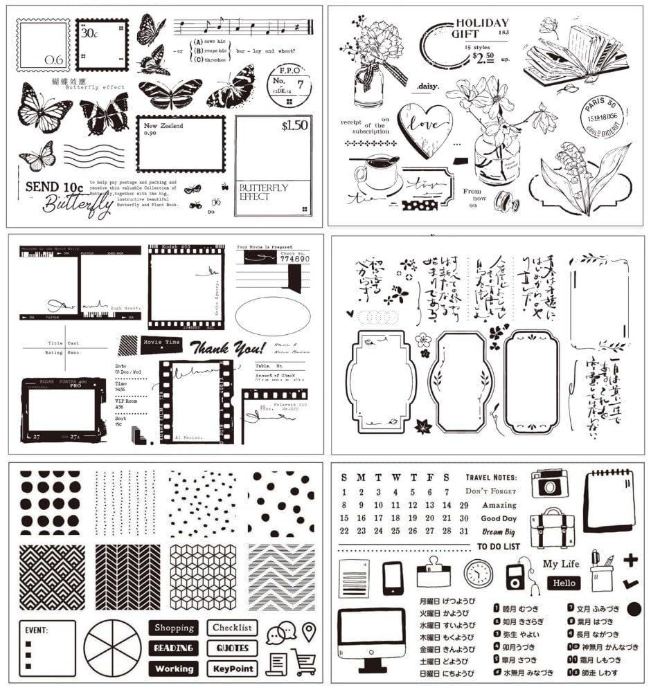【送料無料】seimeinoki クリアスタンプ 6枚セット 透明スタンプ のんびりとした生活のテーマ 透明印鑑 シリコン素材 時間/音楽/映画などの柄 手帳作成 手紙飾り ハンドメイド DIY手芸用 繰り返し使用可能 手帳/スクラップブック/アルバム/エンボス用
