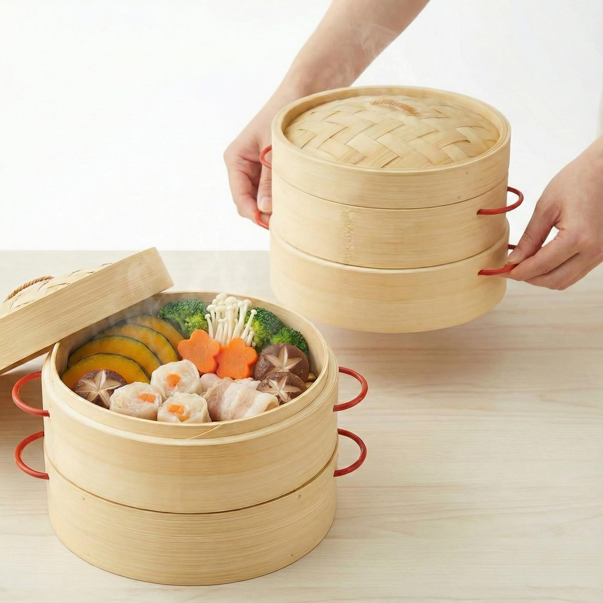 【送料無料】【サッと移動できる持ち手付き】Kurasage 竹せいろ 21cm 2段 防熱持ち手付き 中華 天然素..