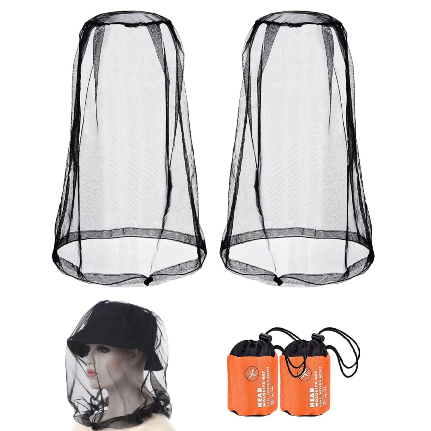 【送料無料】LIMUNJIZ 虫除けネット ヘッドカバー 2個セット（ブラック）帽子の上から被るタイプ 蚊・ブヨ対策 男女兼用 軽量通気性 携帯用収納袋付き アウトドア 釣り ガーデニング 農作業 登山 ハイキング
