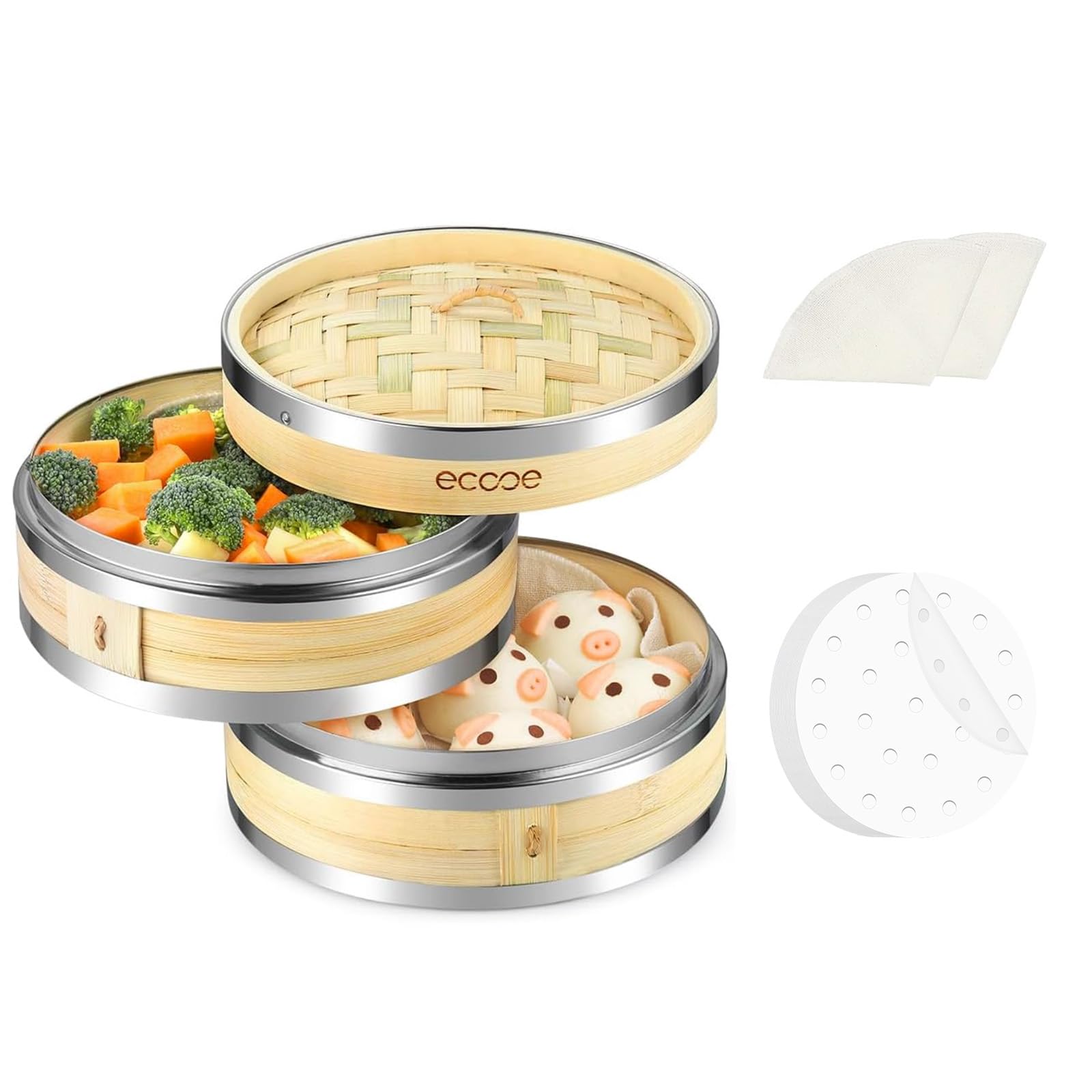 【送料無料】ecooe せいろ蒸し器 本体 2 個・蓋 1 個 布 2枚 せいろ、一次性紙 20 枚同梱 強化ステンレ..