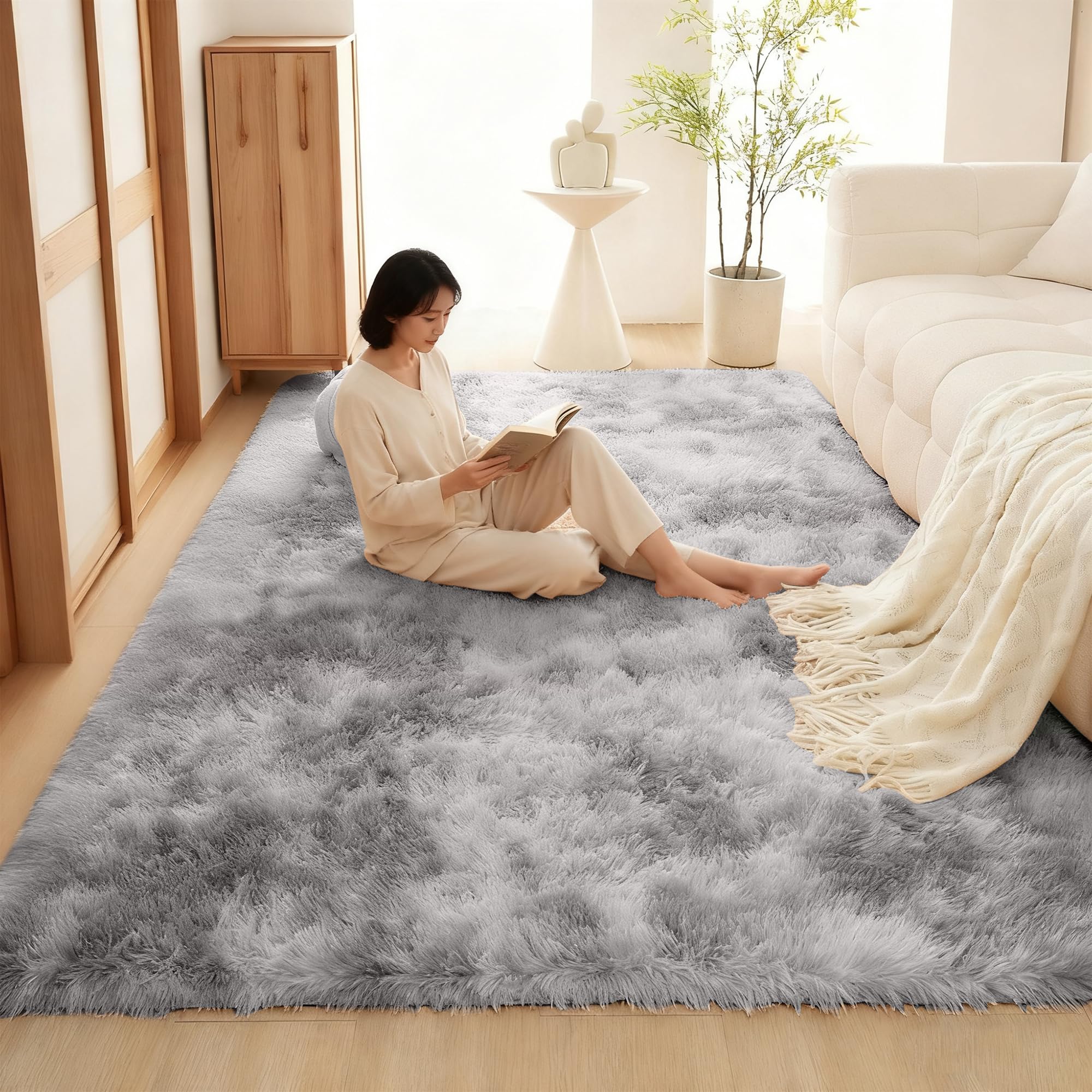 【送料無料】ラグマット カーペット ラグ 洗える シャギーラグ HOSUR 160x200cm 滑り止め付き 長方形 北欧 絨毯 低反発 ふわふわ 厚手 洗えるラグ オールシーズン(ライトグレー)