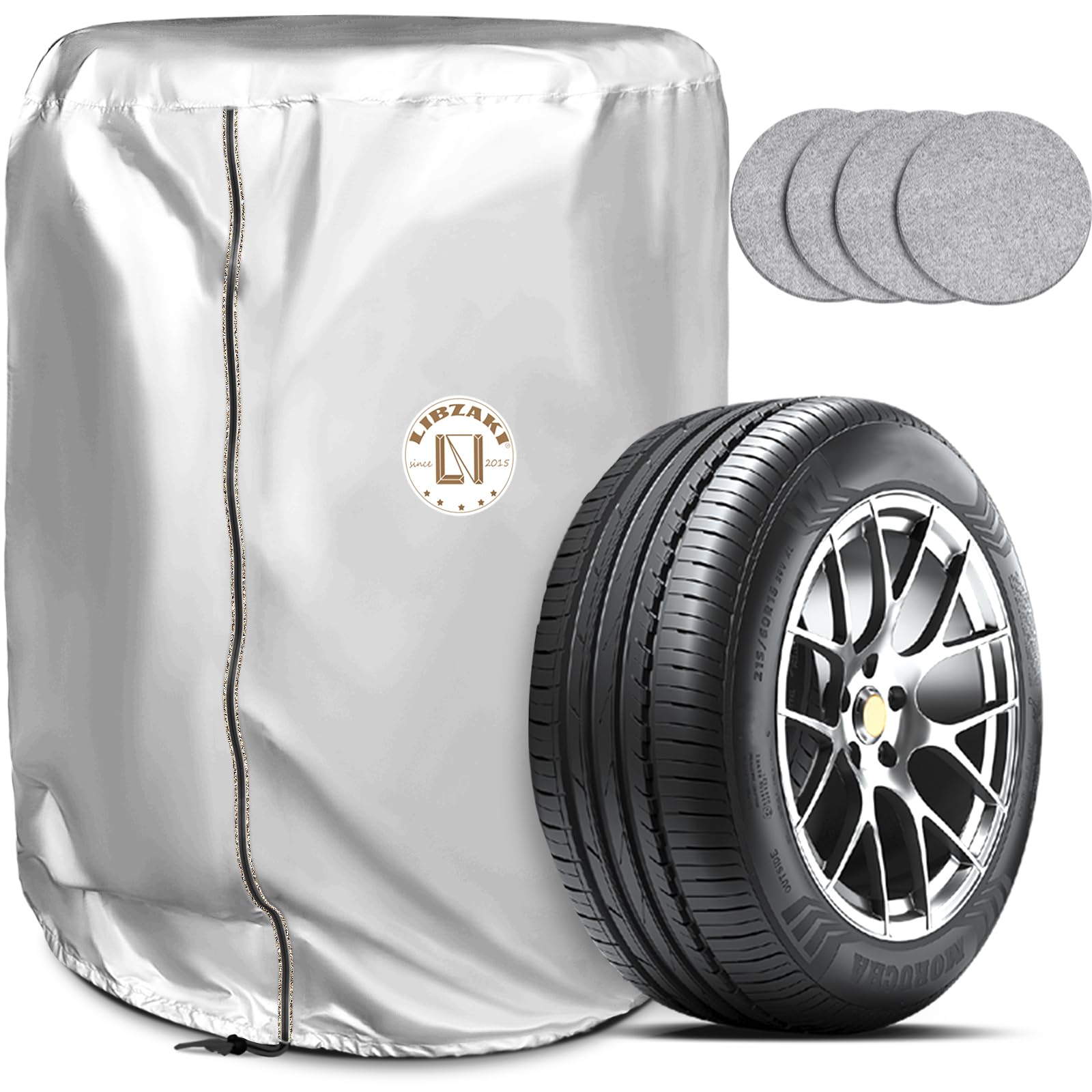 【送料無料】LIBZAKI 420D タイヤカバー 屋外 フェルトパッド4枚付き 防水 4本タイヤ保管 幅85*高さ120cm 大型 ミニバン SUV RV用（16/17/18/19インチ）シルバー