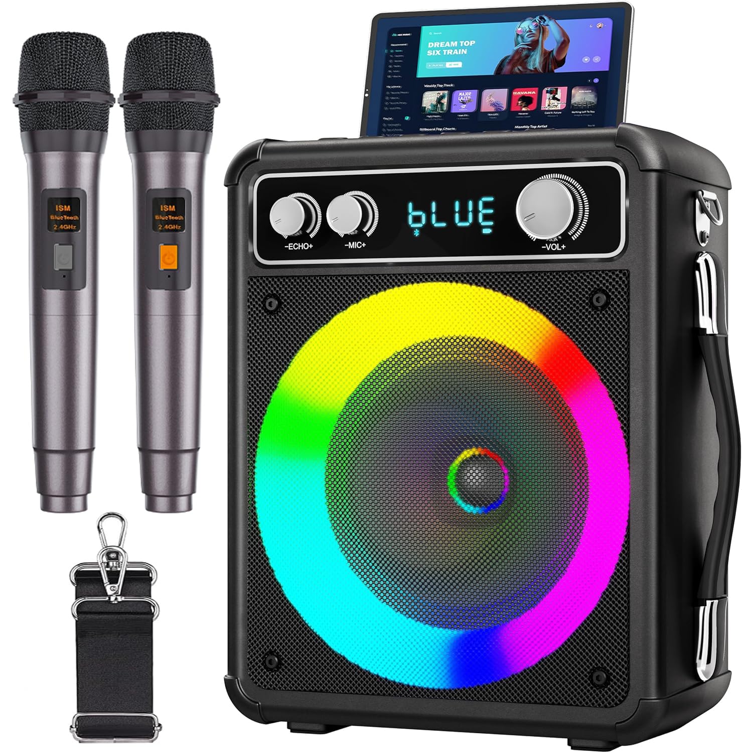 【送料無料】VOSOCO カラオケセット ワイヤレスマイク2本 スピーカーセット 家庭用 カラオケマイク 拡声器 Bluetooth 5.0 PAセット 小型 カラオケマシン ポータブルスピーカー AUX/USB/TF対応 ホームパーティー/会議/スピーチ/学校行事/セミナー/室外活動 などに適用 日