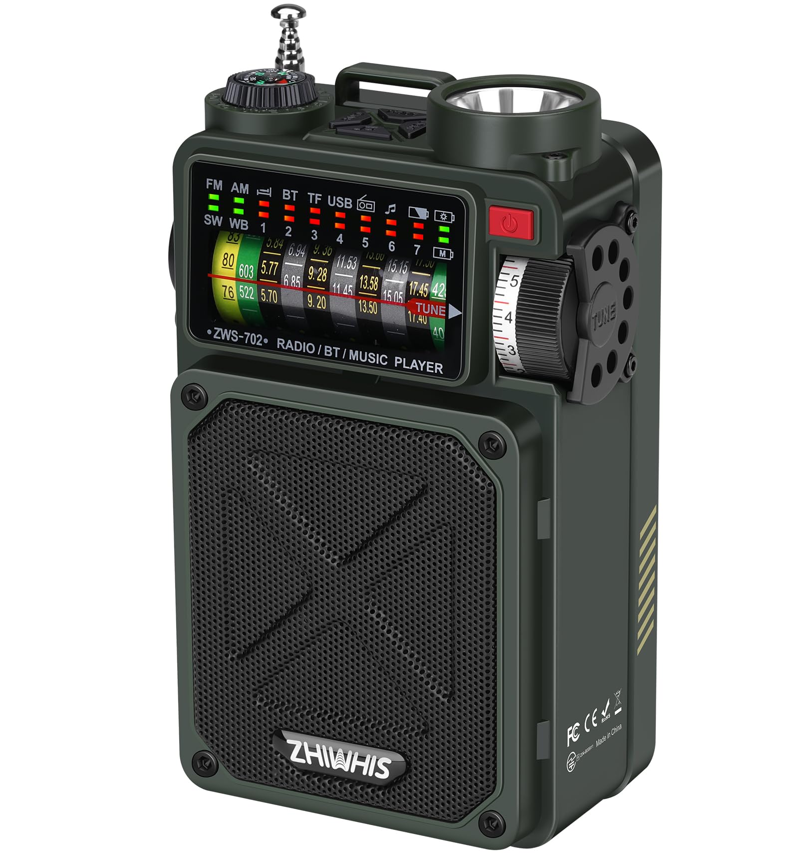 【送料無料】ZHIWHIS Bluetoothスピーカー 防災ラジオ FM/AM/短波/ワイドFM対応 懐中電灯 ソーラー/手回し/USB-C充電【SOSアラート/USB再生対応可能/MicroSDカード対応/32時間連続再生/タイマー/技適取得済 アウトドアZWS-702