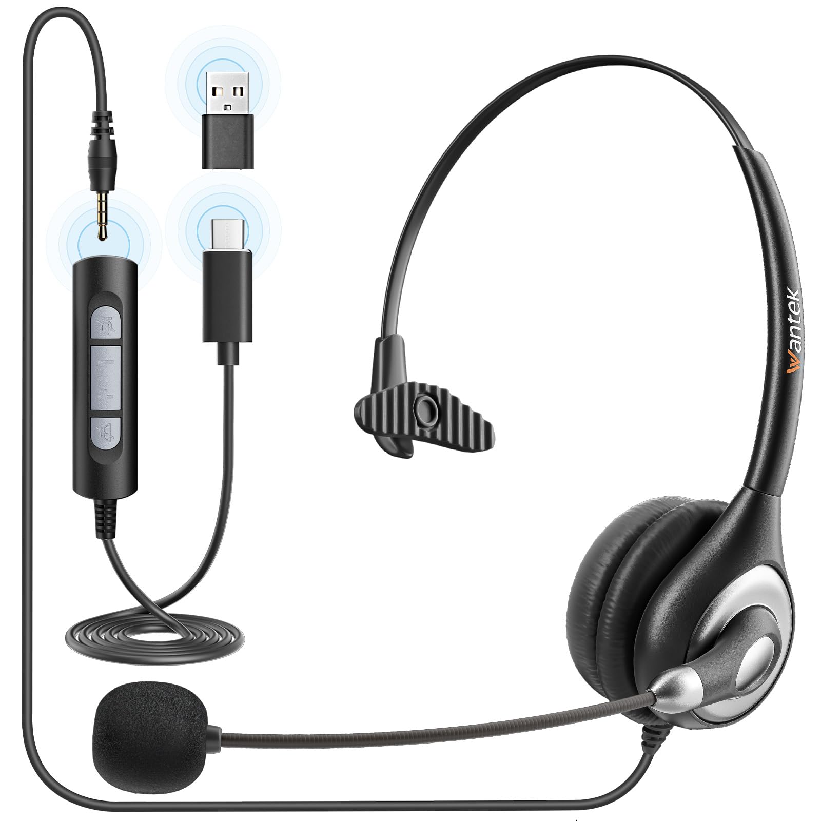 【送料無料】Wantek ヘッドセットUSB TypeC 3.5mm 片耳 ノイズキャンセリングマイク付きとオンライン有線制御PC用ヘッドホン Web会議、Skype、オフィス、在宅勤務、業務用、リモートワーク、コールセンターに適用 クリアな通話 超軽量 超快適 USB接続付き