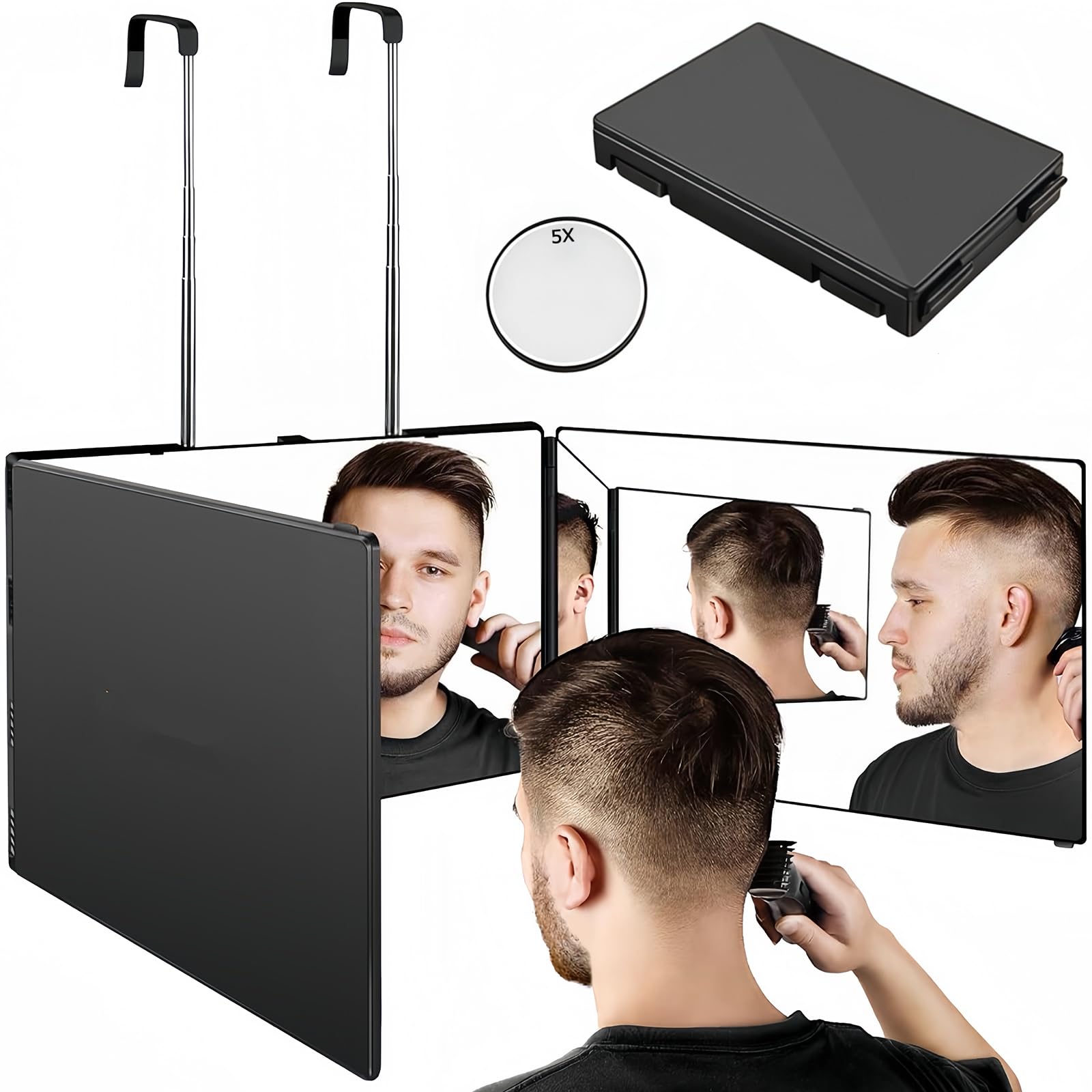 商品情報商品の説明主な仕様 【完璧な鏡】セット内容: 三面鏡 x1、5倍の拡大鏡x1 。 360度回転設計の三面鏡、あらゆる角度から頭と顔などを快適に見ることができ、完璧なメイクを作り上げます、ヘアカット、化粧、髪染め、さげ編み、毛先切りなど、様々な用途があります。卓上での使用もでき、座り状態でメイクやヘアセットを行う場合にも使える万能型です。【様々な用途で使用可能】1.伸縮アームデザイン、あらゆる場所にぶら下げます。この鏡あれば、バリカンを利用し、簡単にヘアカット、毛染めも出来ます。2.壁に無痕フックで固定して使用することができます。3.机の上に置いて、普通の鏡のように使用することができます。どの方法で使っても、いつでも鏡を移動でき、必要なシーンに鏡を簡単に転換することができます。化粧台・洗面台・部屋・楽屋などに大活躍です！【ハイビジョンガラス】高品質なHD鏡面を採用し、外観はABS素材で作られ、衝突防止、転倒防止の機能を持っています。縁が厚くて頑丈で、発送するときには、ミラーとミラーの間に保護フィルムが付けます。家や旅行にも使いやすいです。適度に大きなサイズでコンパクトに畳め、鏡に歪みなどもなく、使い便利です。【折り畳みデザイン】薄くて携帯に便利、折りたたみ状態でのサイズは30.5×20×3cmで，重量は1.33kgです。非常にコンパクトでありながら持ち軽いです。旅行や出張などにも理想的な化粧ミラーです。【品質】弊社製品には自信を持っていますので、 安心を提供しています。この商品を受け取った後、満足できない場合はどうなりますか？ 心配しないでください。 365日間の品質。また、「思っていたのとはちょっと違う」など不満があった場合でも、無条件で返品・に対応させていただきます（購入より30日以内）。安心の連絡方法：注文履歴より販売元にご連絡してください