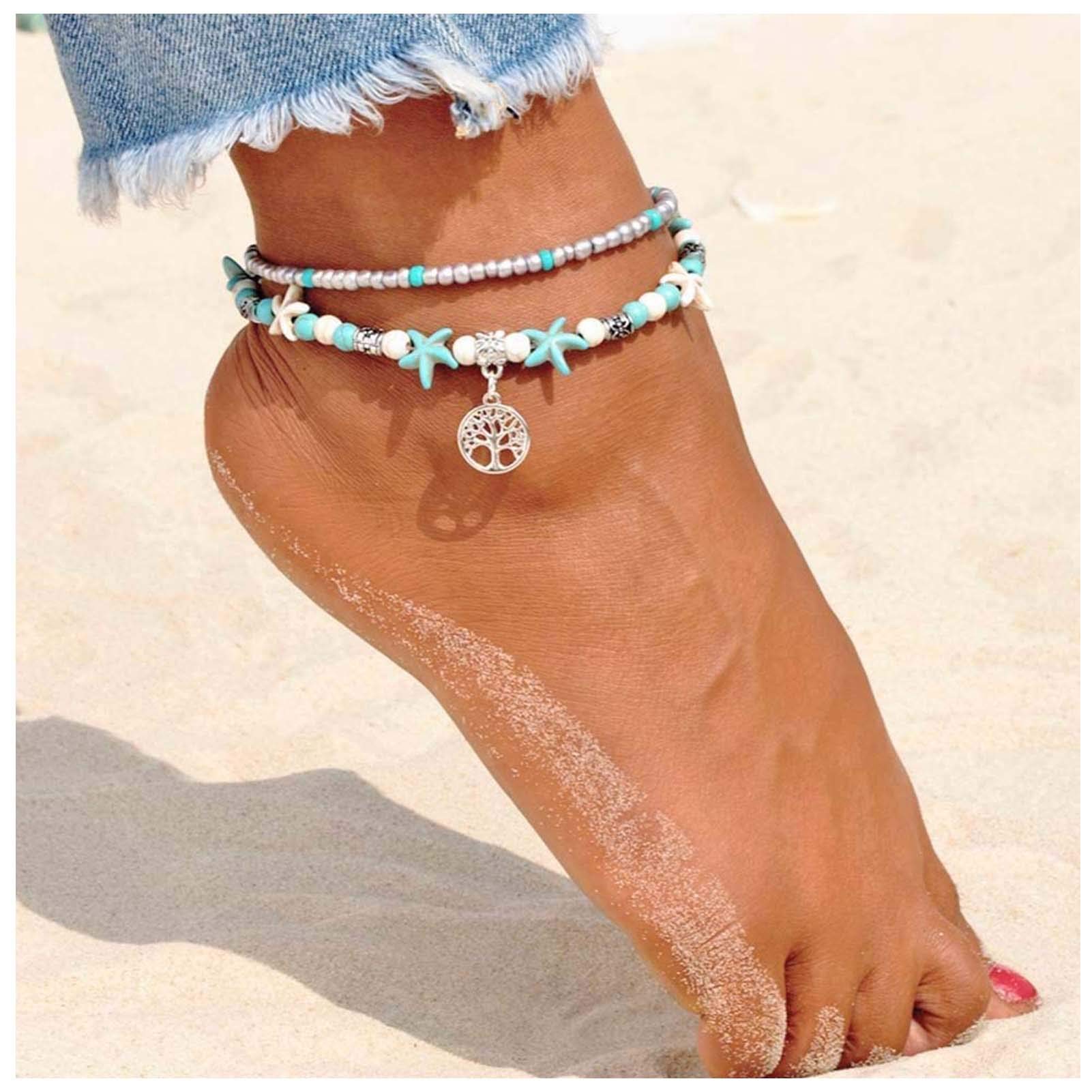 【送料無料】Lucbuyボヘミアン足首、足首のブレスレット、青と白の多層グラマービーチ砂手作りアンクレ..