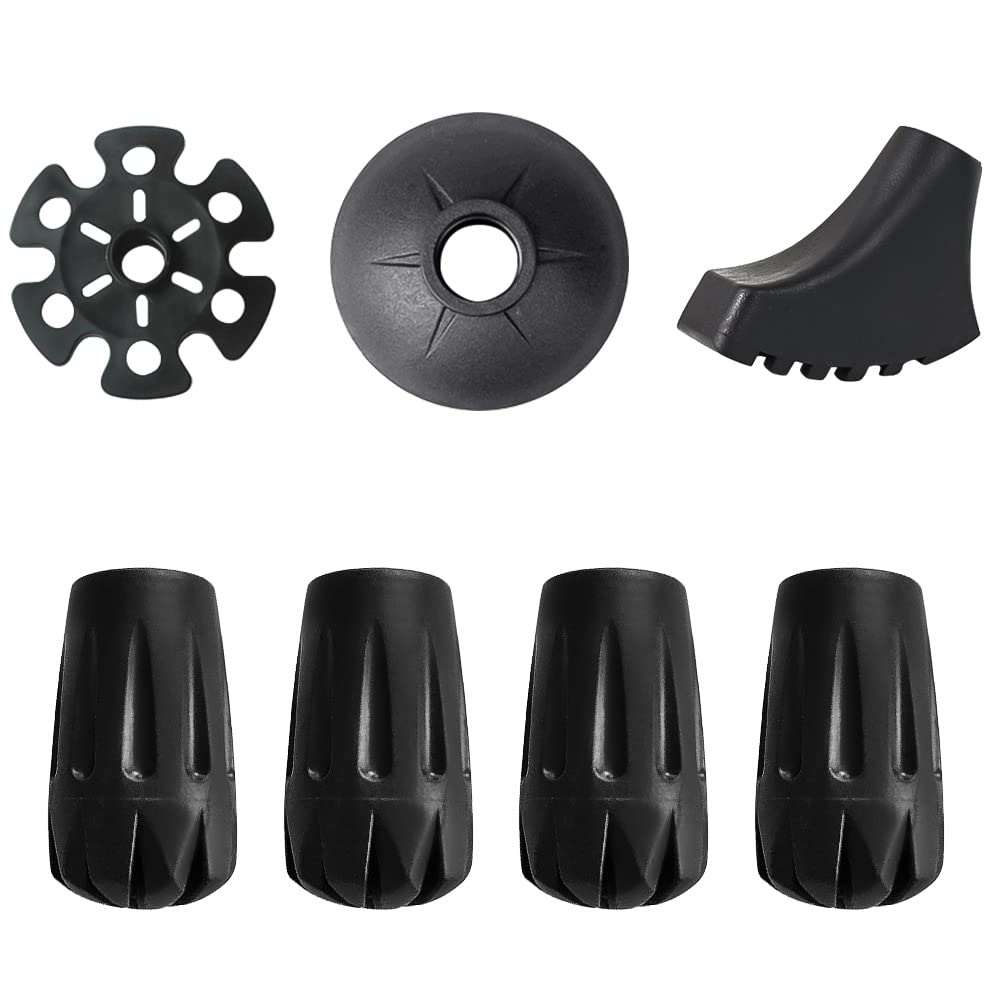 【送料無料】Glvaner トレッキングポール ウォーキングポール ストックキャップ 泥バスケット スノーバスケット4in1セット バスケット 交換用キット ゴム先 アクセサリー 取り替え スティック用 お花見 登山用 (ブラック)