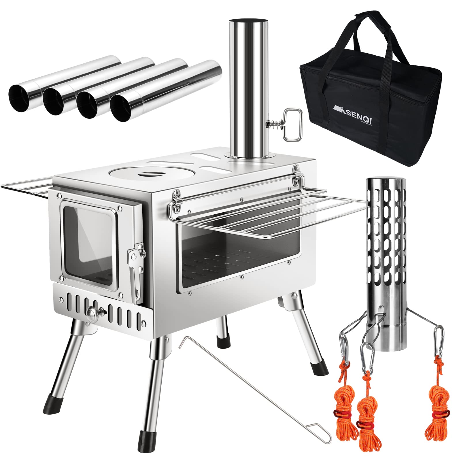 楽天ハローディア楽天市場店【送料無料】SENQI 薪ストーブ 折りたたみ キャンプ 3面の耐熱ガラス・煙突・スパークアレスター・グリッド棚付き コンパクト アウトドア ウッドストーブ テント用 焚き火台 BBQ 調理 暖炉 冬 収納袋付き