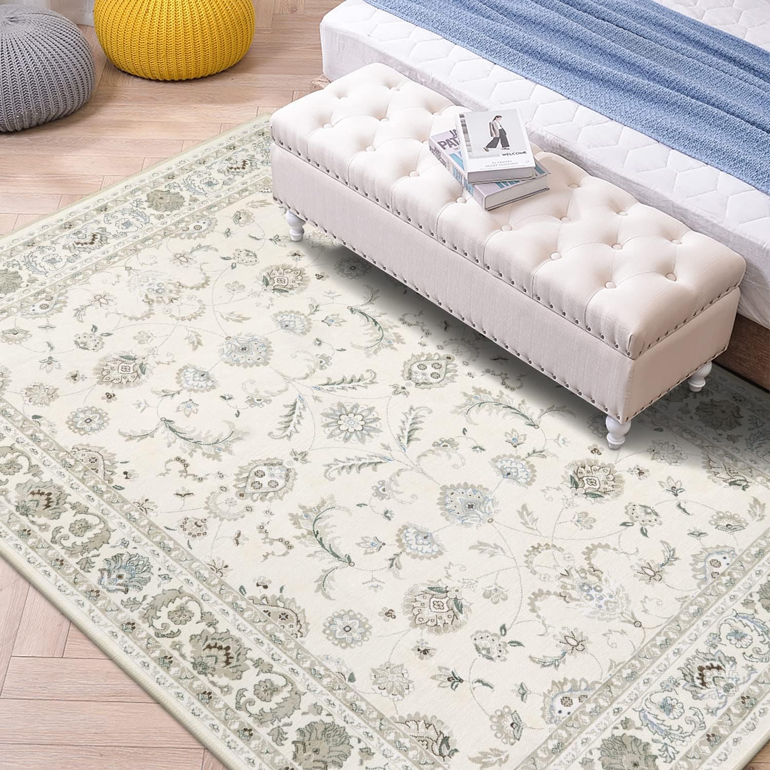 【送料無料】HAOCOO ラグ 洗える カーペット ペルシャ風 90х150cm おしゃれ 1畳 絨毯 耐磨耗性 滑り止め ホットカーペット対応 防音 ラグマット シェニール オールシーズン適用 抗菌防臭 軽量 花柄 オフホワイト