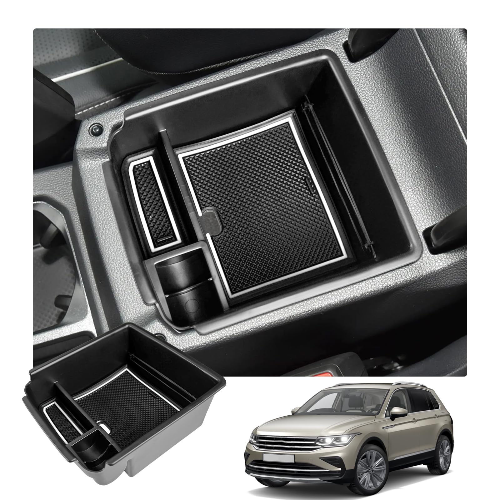 【送料無料】【RUIYA】フォルクスワーゲン ティグアン2 センターコンソールトレイ ティグアン2コンソールボックス 小物入れトレイ 車種専用 車内収納ボックス カーアクセサリー 内装パーツ アームレストボックス ラバーマット付き (白)