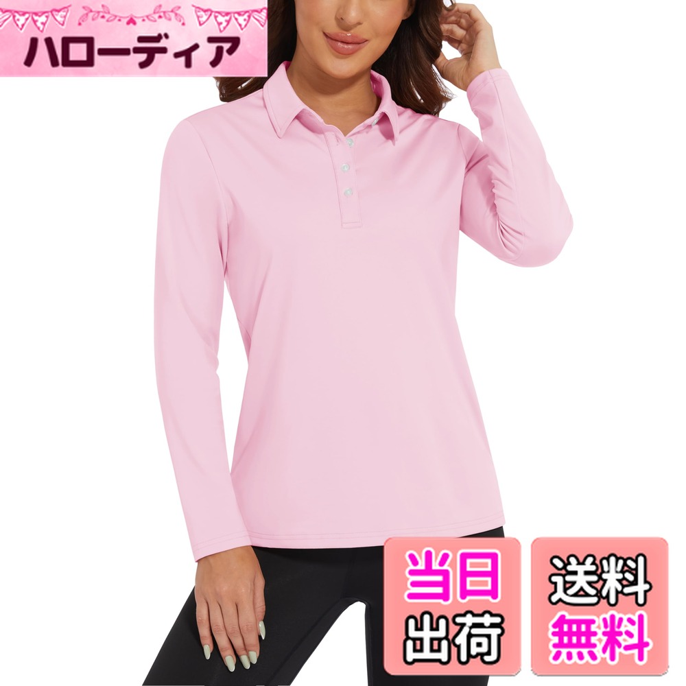 【送料無料】[KEFITEVD] ポロシャツ レディース 仕事 ロングスリーブ ゴルフシャツ 日焼け止め 長袖tシャツ UVカット 吸水速乾 アクティブウェア テニス ピンク 3XL