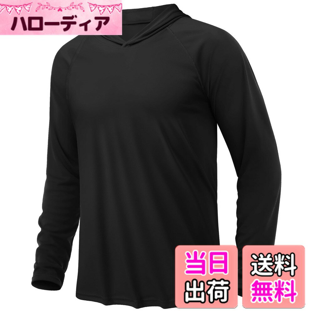 【送料無料】[KEFITEVD] ラッシュガード メンズ 長袖 パーカー 黒 大きいサイズ ドライtシャツ 日焼け防止 薄手 夏服 指穴付き トレーナー ウォーキングウェア 筋トレ スポーツtシャツ ブラック M